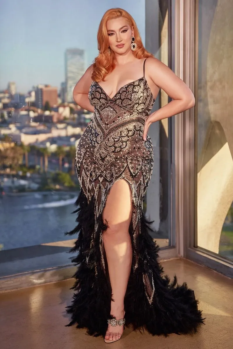 CD A1229C - Plus Size Feather Embellished Fit & Flare Prom Gown with Detailed Beading & Open Lace Up Corset Back