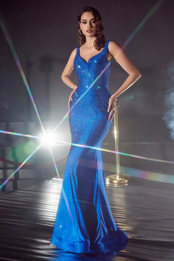 CD CB119 - Stretch Jersey Hot Stone Embellished Fit & Flare Prom Gown with Open Back