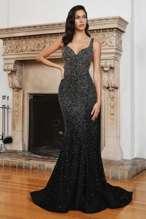 CD CB119 - Stretch Jersey Hot Stone Embellished Fit & Flare Prom Gown with Open Back
