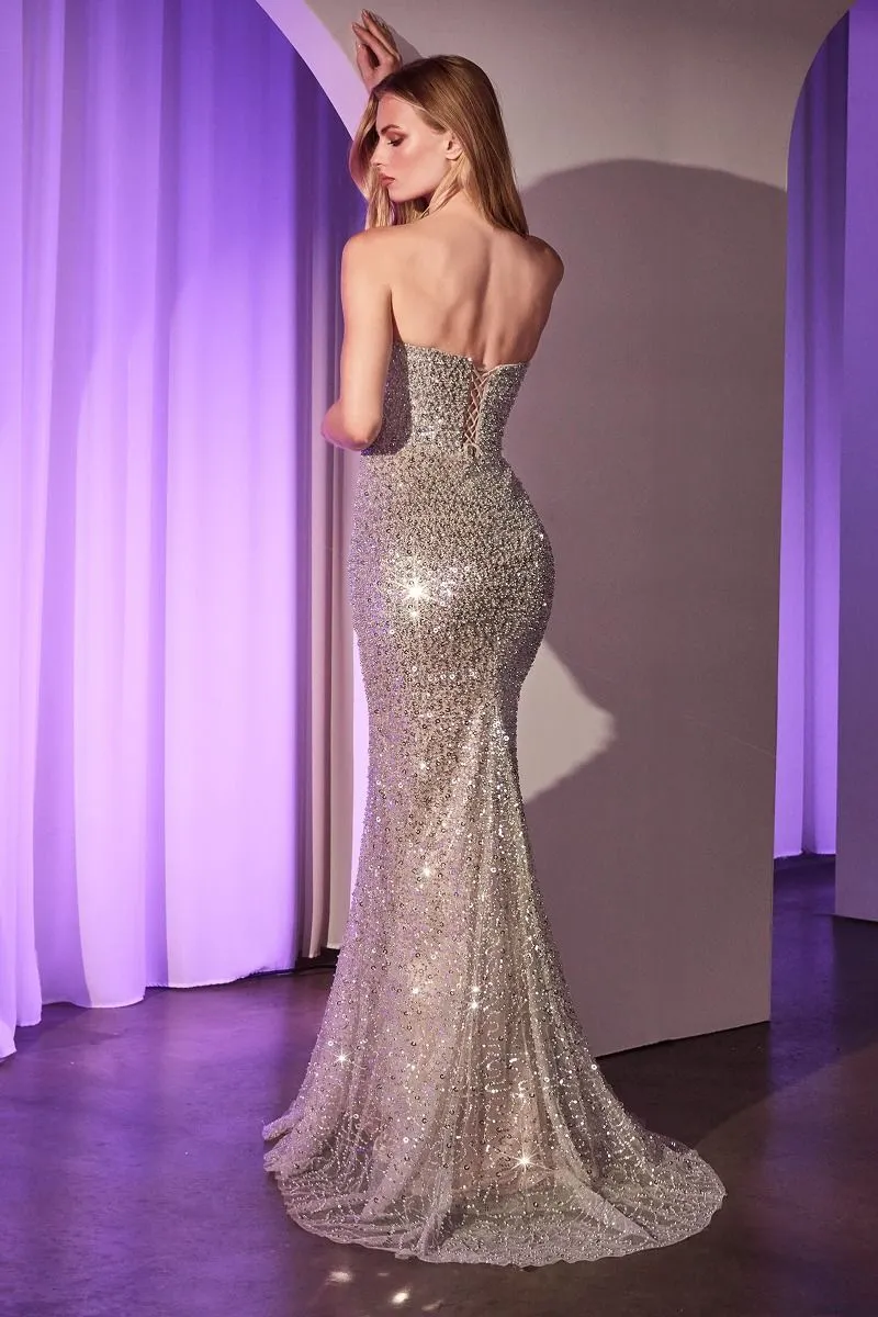 CD CC385 - Strapless Fully Beaded Fit & Flare Prom Gown with Scoop Neck & Lace Up Corset Back