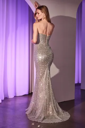 CD CC385 - Strapless Fully Beaded Fit & Flare Prom Gown with Scoop Neck & Lace Up Corset Back