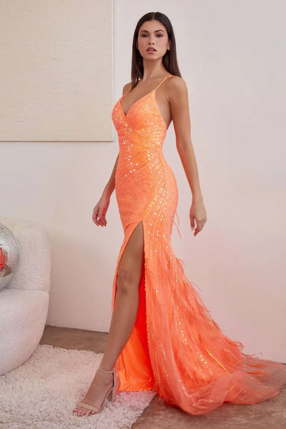 CD CD0209 - Full Sequin Fit & Flare Prom Gown with Feather Accents Gathered Waist & Corset Back
