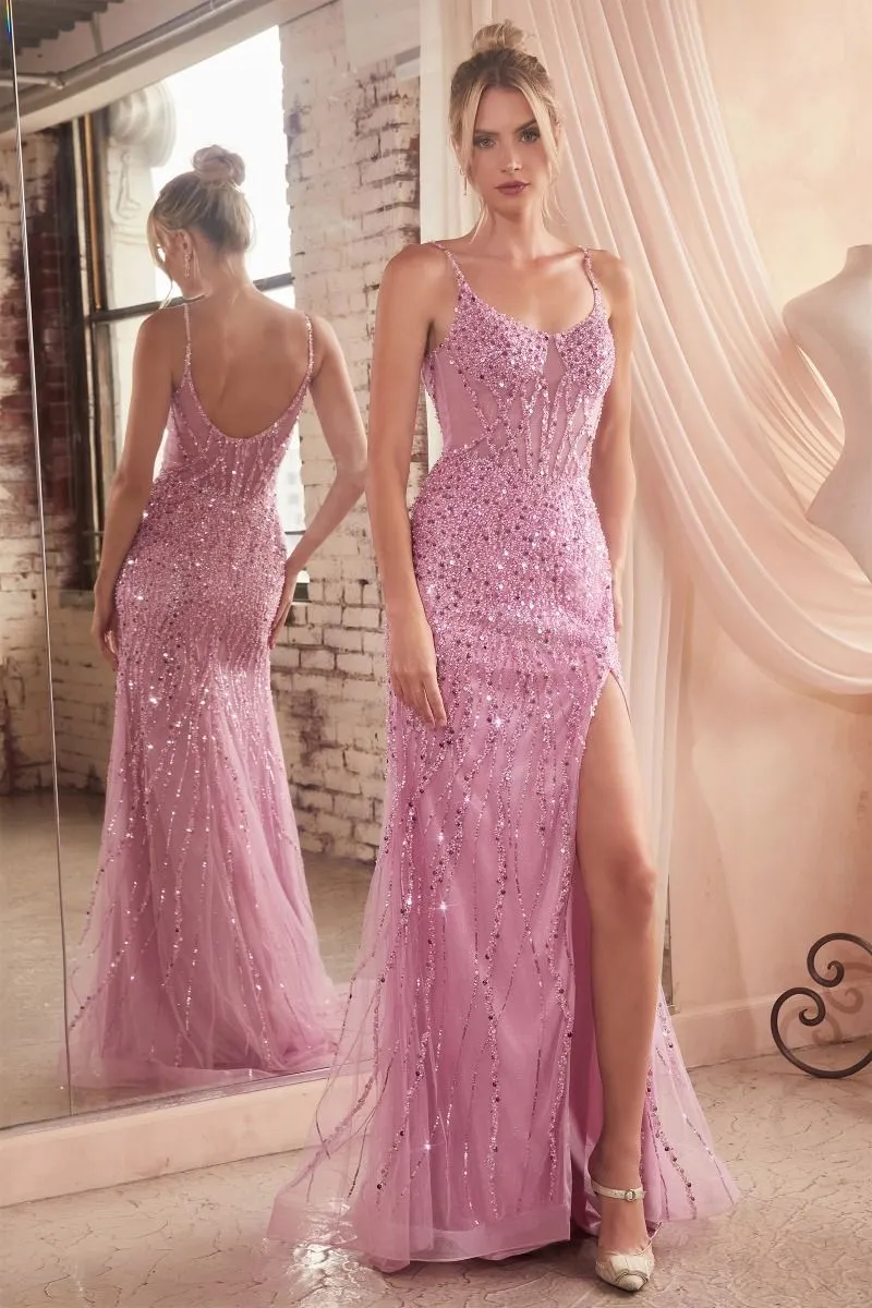 CD CD0220 - Full Sequin Fit & Flare Prom Gown with Sheer Lattice Beaded Bodice & Leg