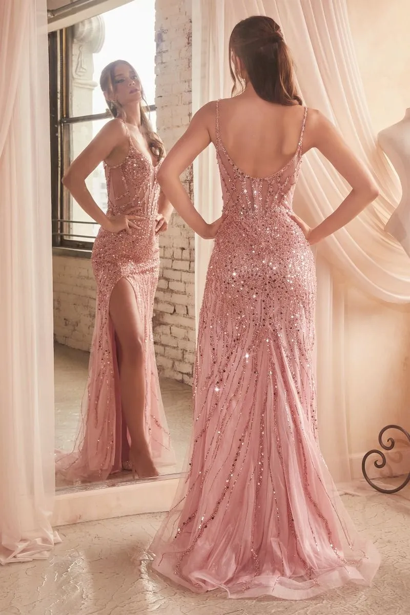 CD CD0220 - Full Sequin Fit & Flare Prom Gown with Sheer Lattice Beaded Bodice & Leg