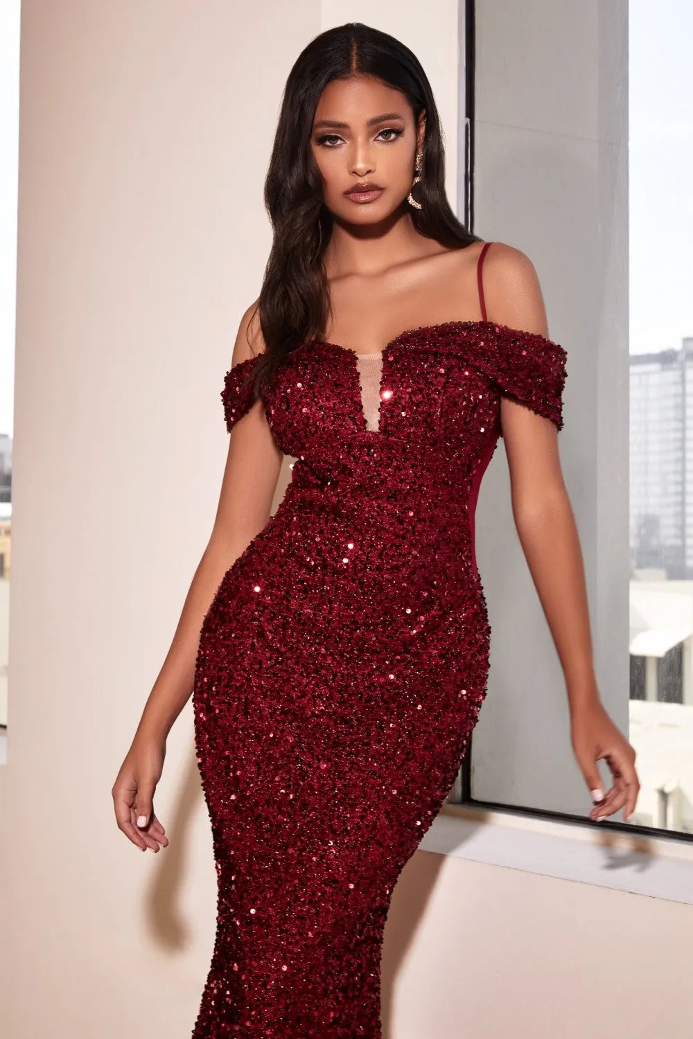 CD CD975 - Full Sequin Off the Shoulder Fit & Flare Prom Gown with Illusion V-Neck & Sheer Side Panels