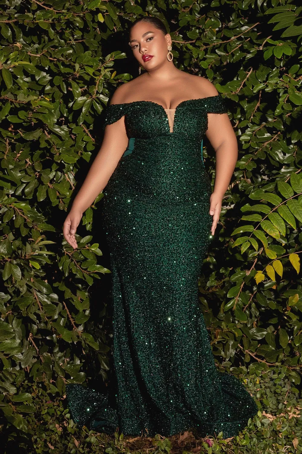 CD CD975C - Plus Size Full Sequin Off the Shoulder Plus Size Fit & Flare Prom Gown with Sheer V-Neck & Side Panels