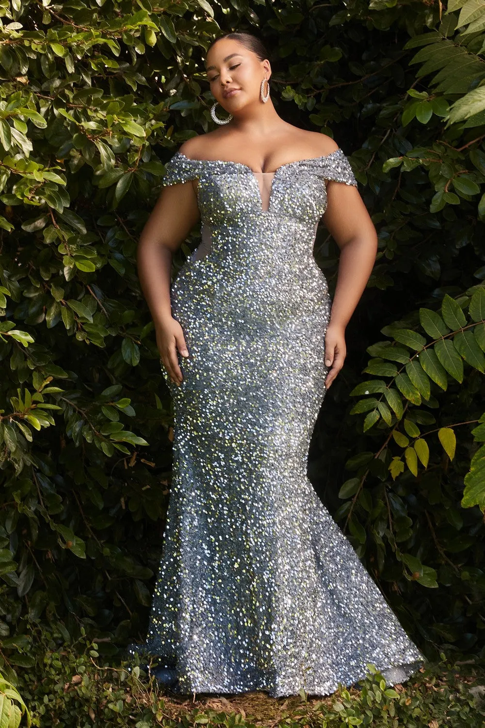 CD CD975C - Plus Size Full Sequin Off the Shoulder Plus Size Fit & Flare Prom Gown with Sheer V-Neck & Side Panels