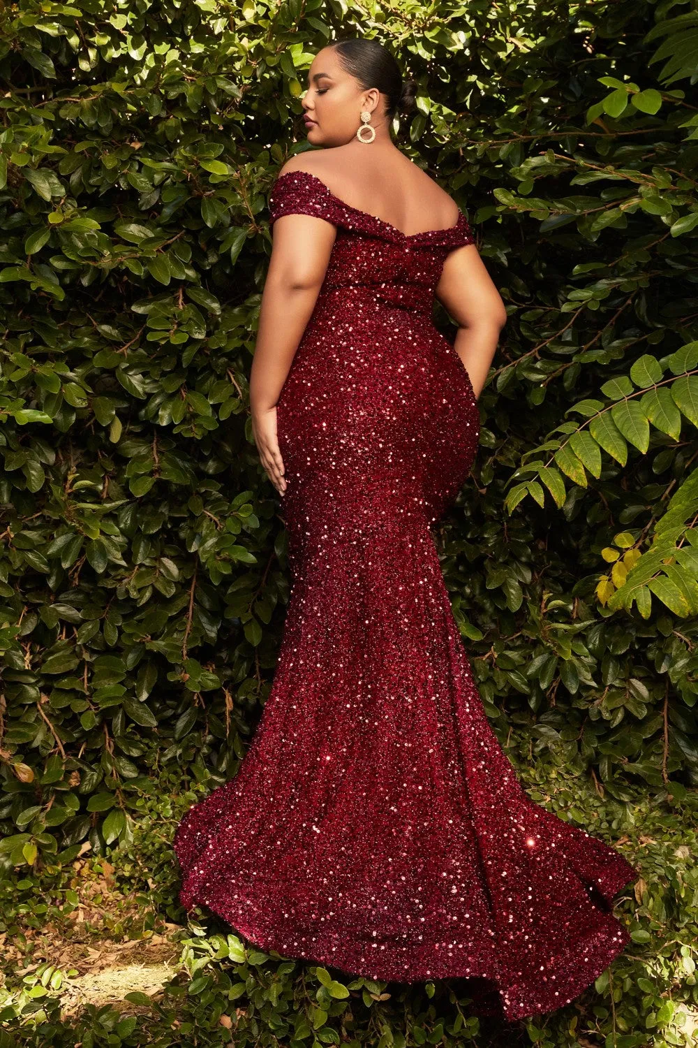 CD CD975C - Plus Size Full Sequin Off the Shoulder Plus Size Fit & Flare Prom Gown with Sheer V-Neck & Side Panels