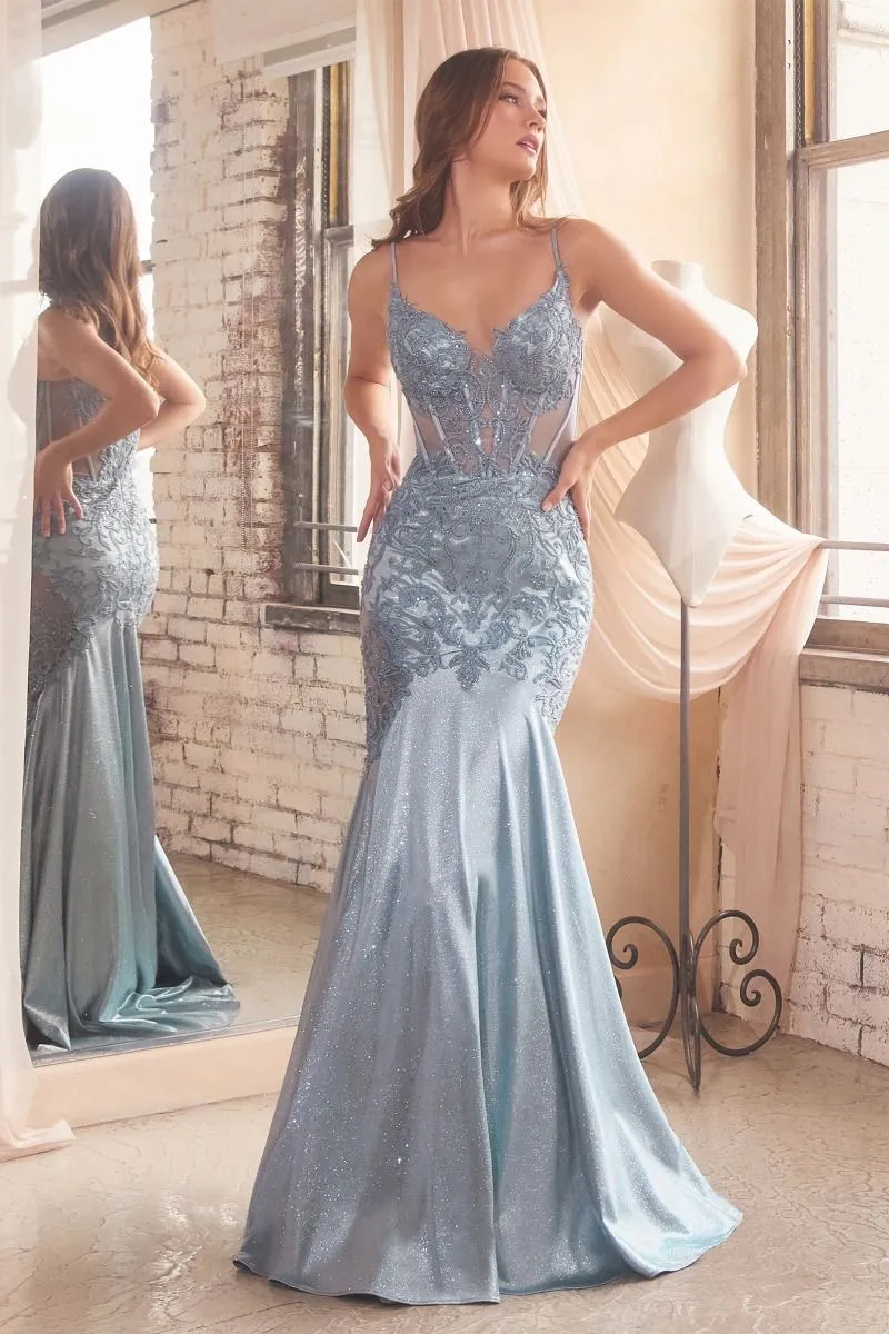 CDS470 - Lace Over Glittery Stretch Satin Mermaid Prom Gown Sheer Corset Bodice & Lace Adorned Cut-Out Side Panels