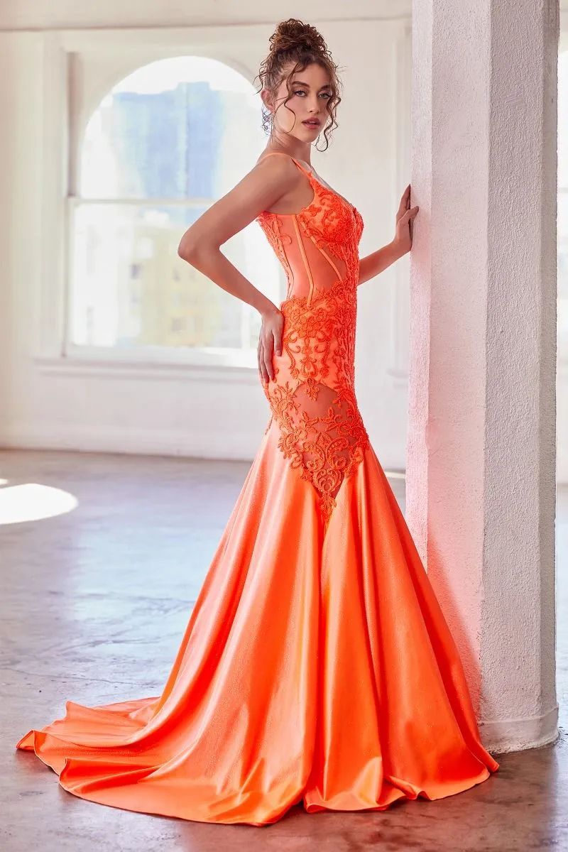 CDS470 - Lace Over Glittery Stretch Satin Mermaid Prom Gown Sheer Corset Bodice & Lace Adorned Cut-Out Side Panels