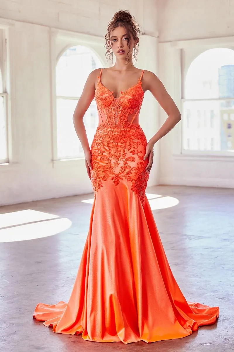 CDS470 - Lace Over Glittery Stretch Satin Mermaid Prom Gown Sheer Corset Bodice & Lace Adorned Cut-Out Side Panels