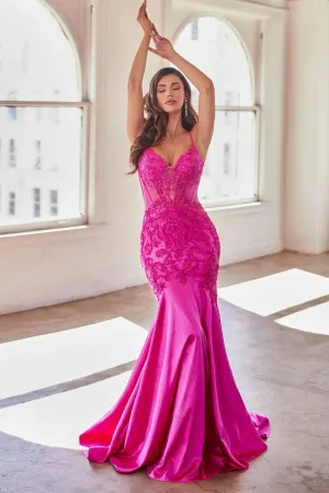 CDS470 - Lace Over Glittery Stretch Satin Mermaid Prom Gown Sheer Corset Bodice & Lace Adorned Cut-Out Side Panels