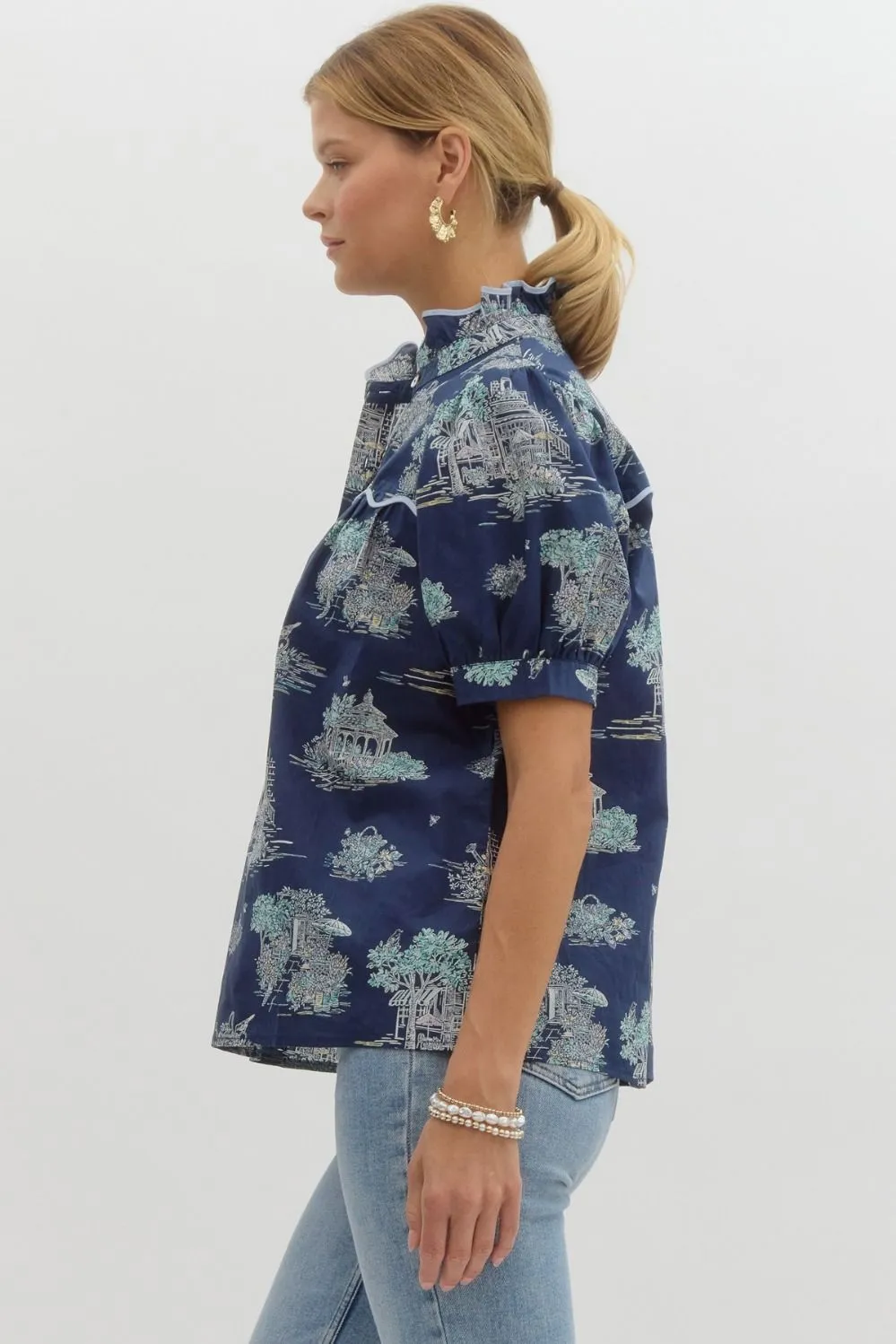 Celo Navy Ruffle Neck Blouse