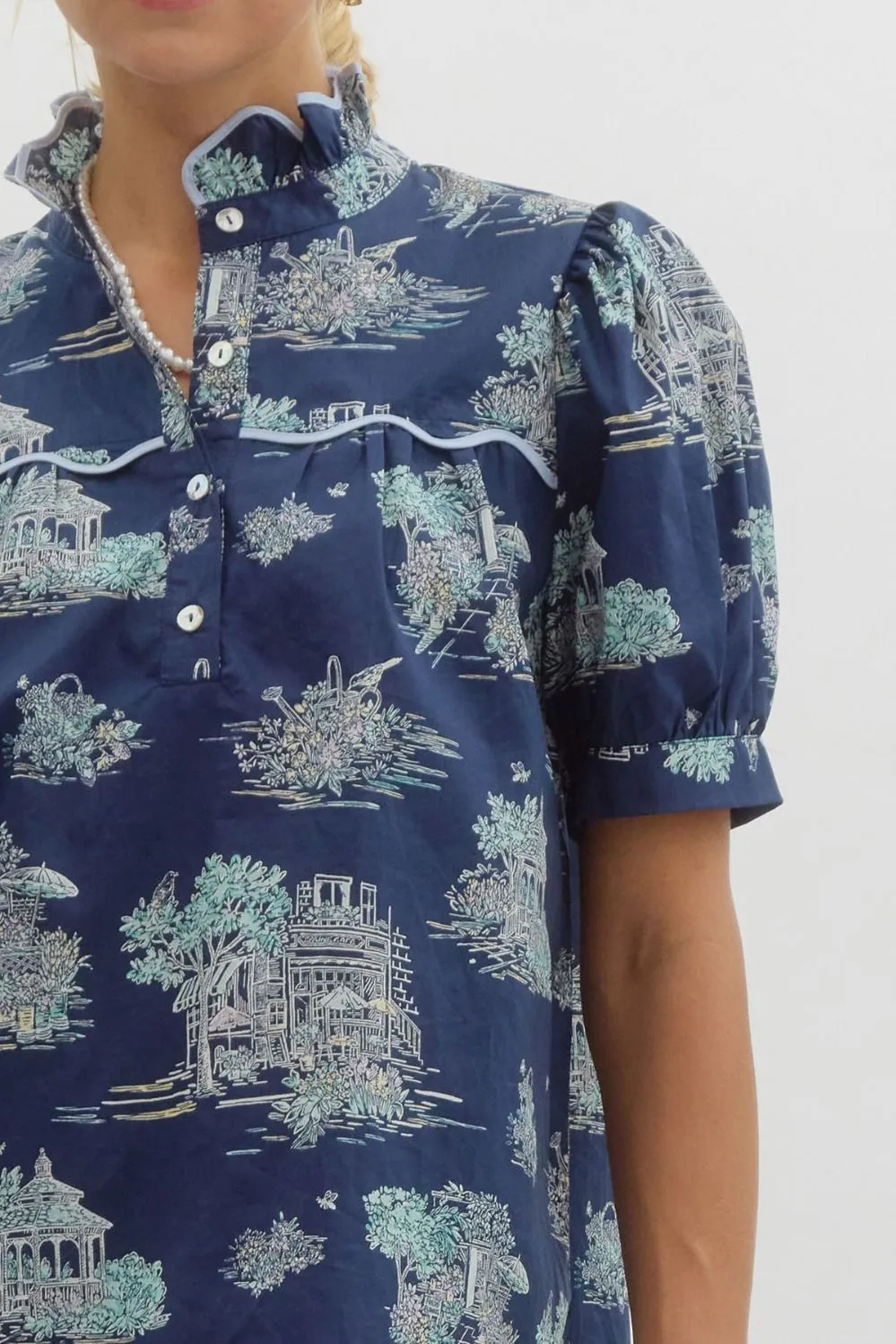Celo Navy Ruffle Neck Blouse