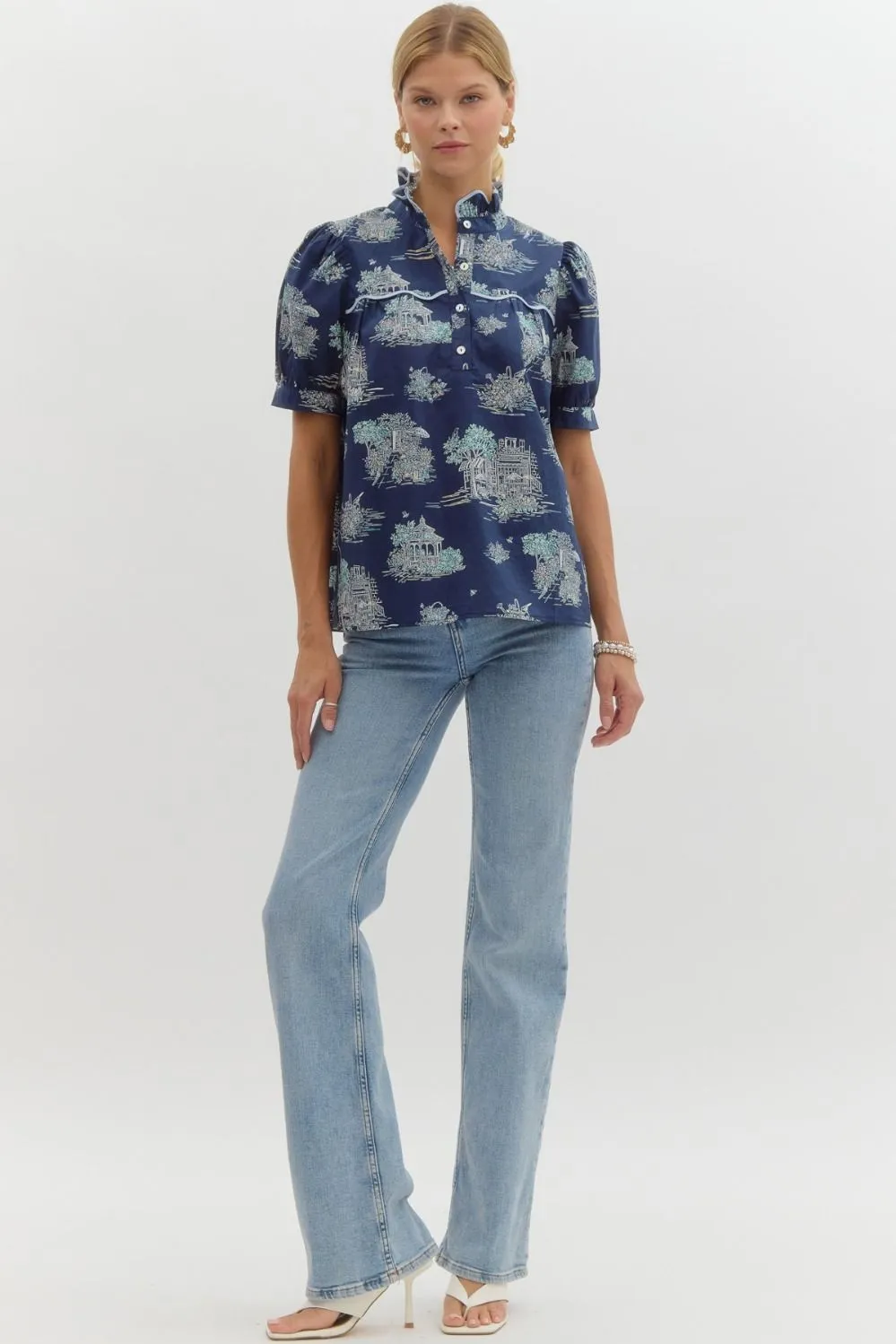 Celo Navy Ruffle Neck Blouse