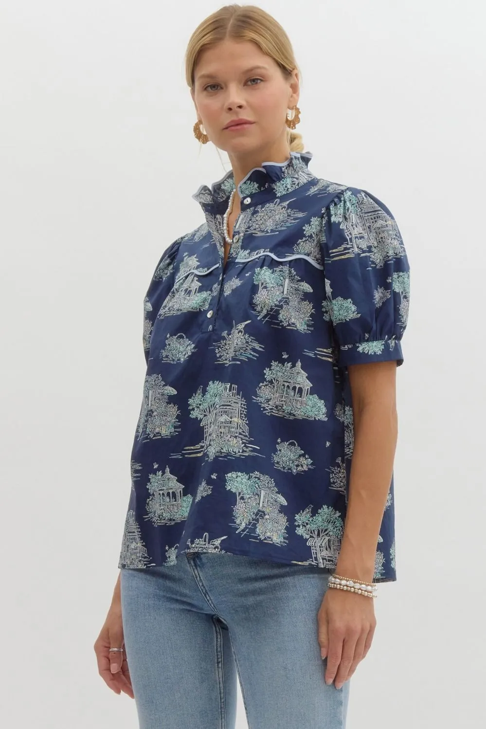 Celo Navy Ruffle Neck Blouse
