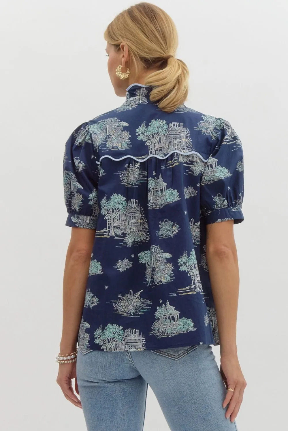 Celo Navy Ruffle Neck Blouse