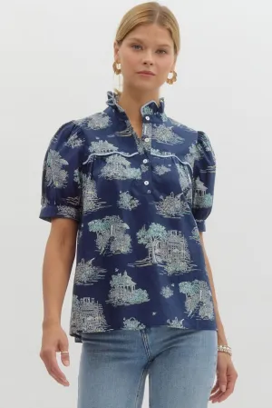 Celo Navy Ruffle Neck Blouse