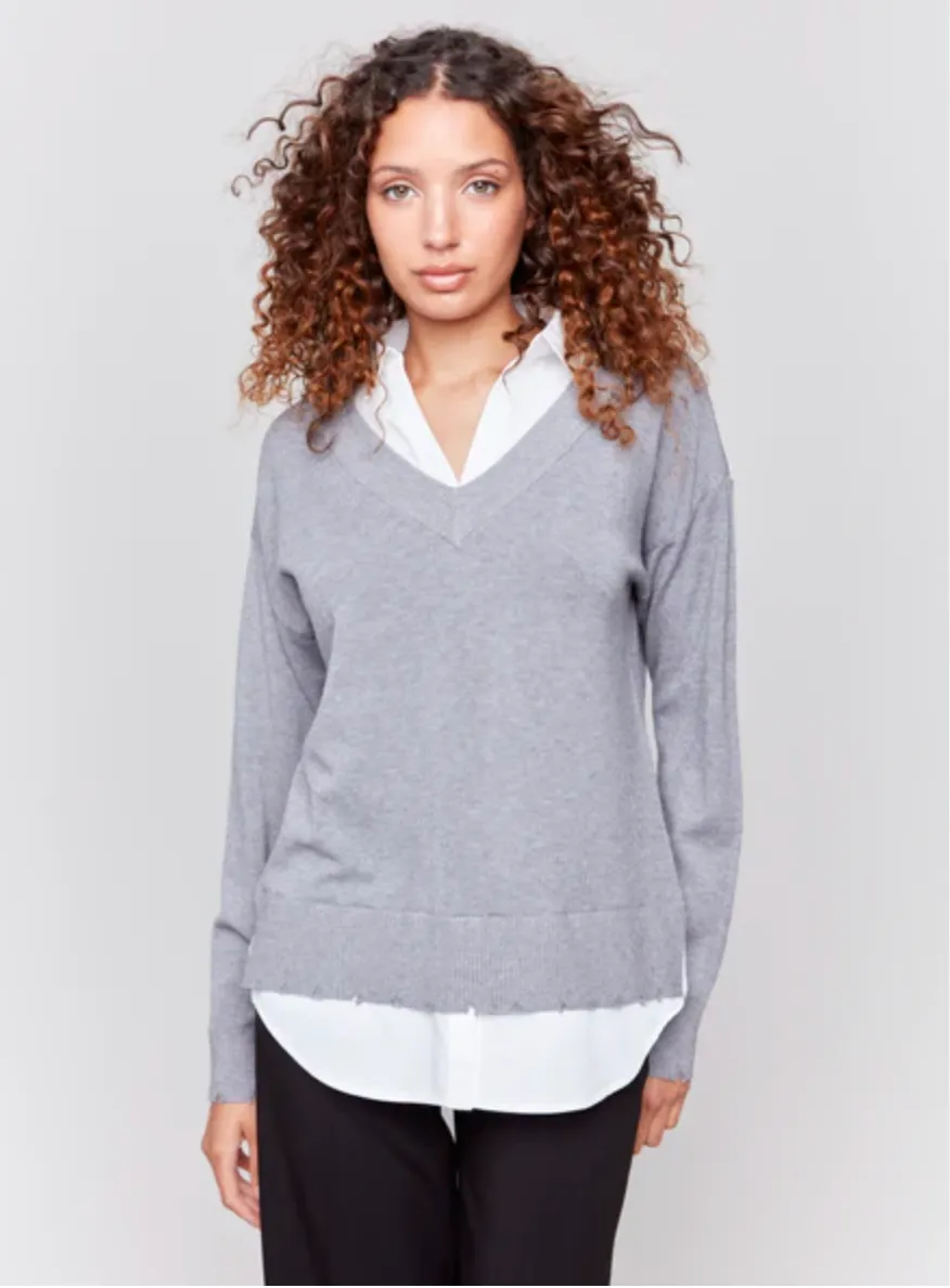 Charlie B V-Neck Grey Sweater w/ Round Shirt Collar