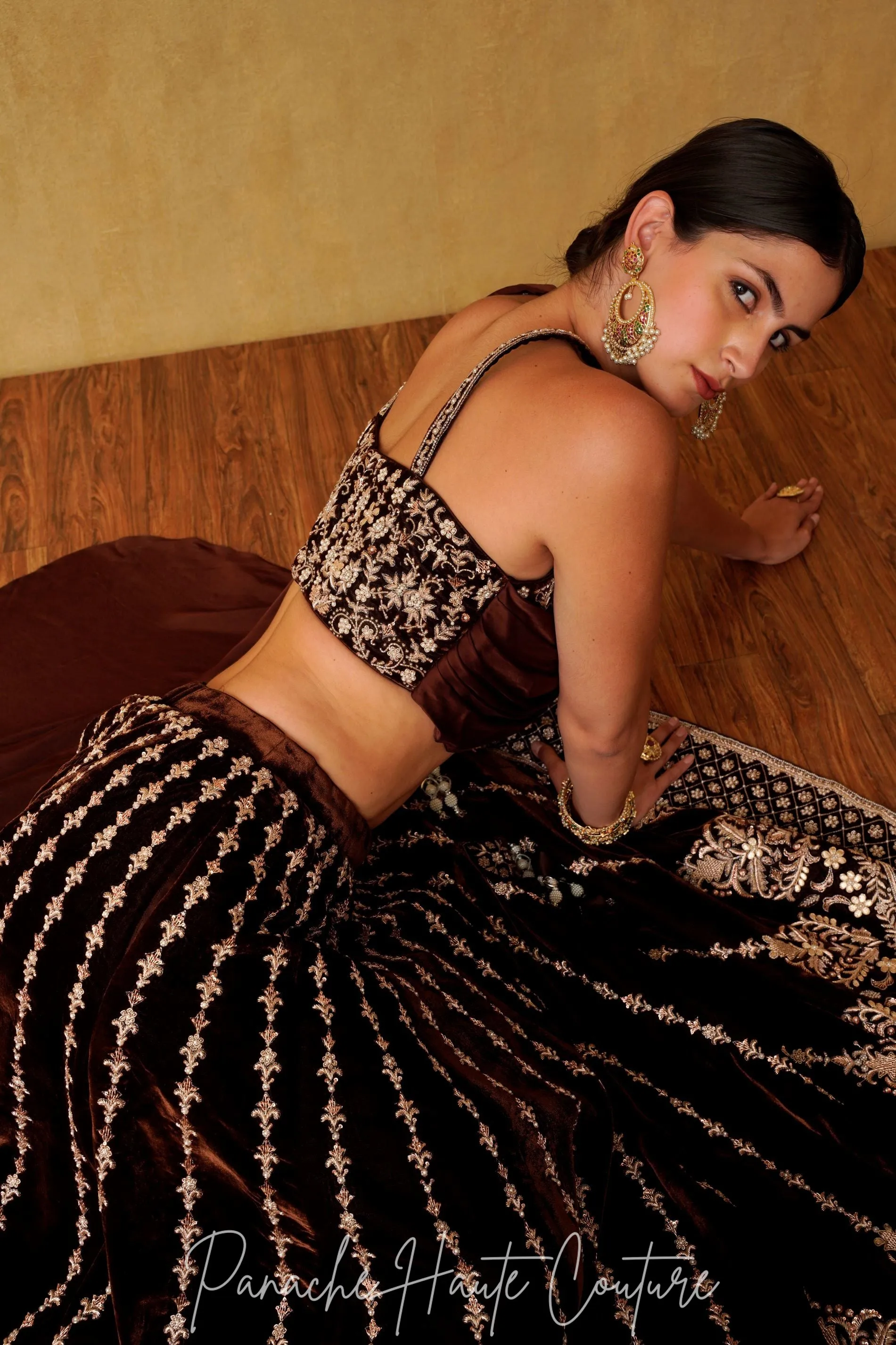 Chocolate Color Velvet Lehenga Set