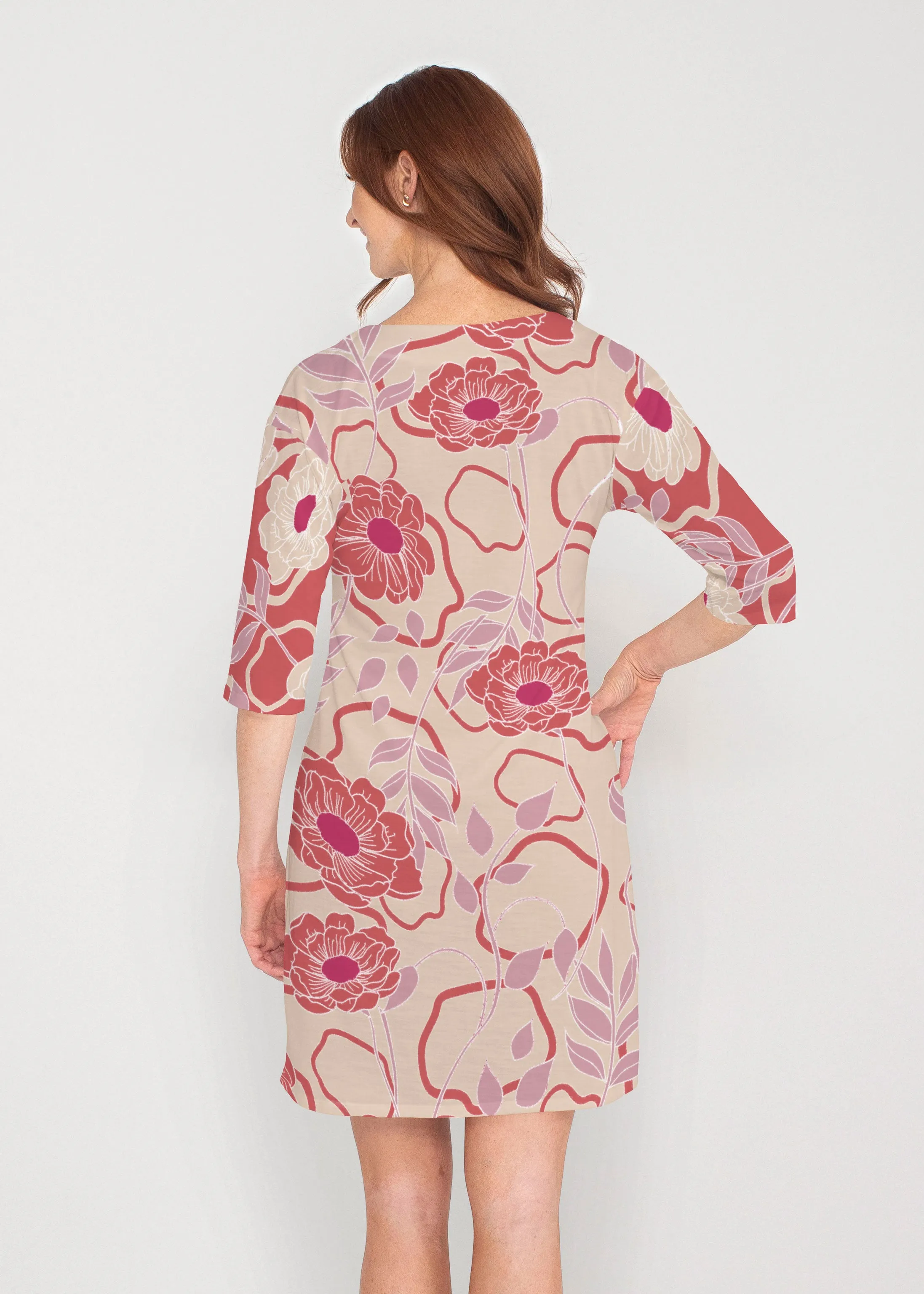 Clarisse Beige/Red (8127) ~ Lucy 3/4 Sleeve V-Neck Dress