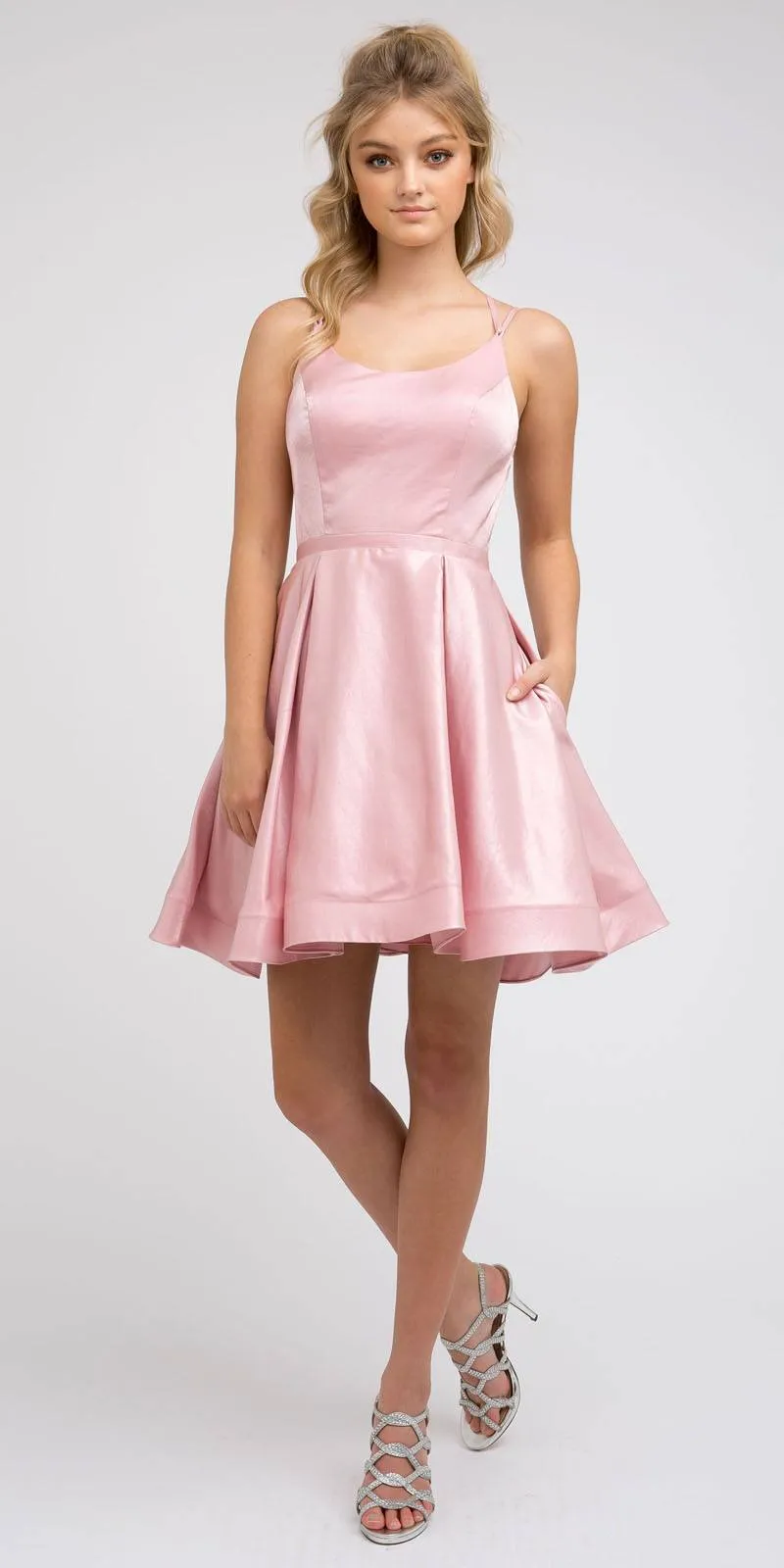 CLEARANCE - Juliet 852 Caged-Back Homecoming Short Dress with Pockets (Size Small)