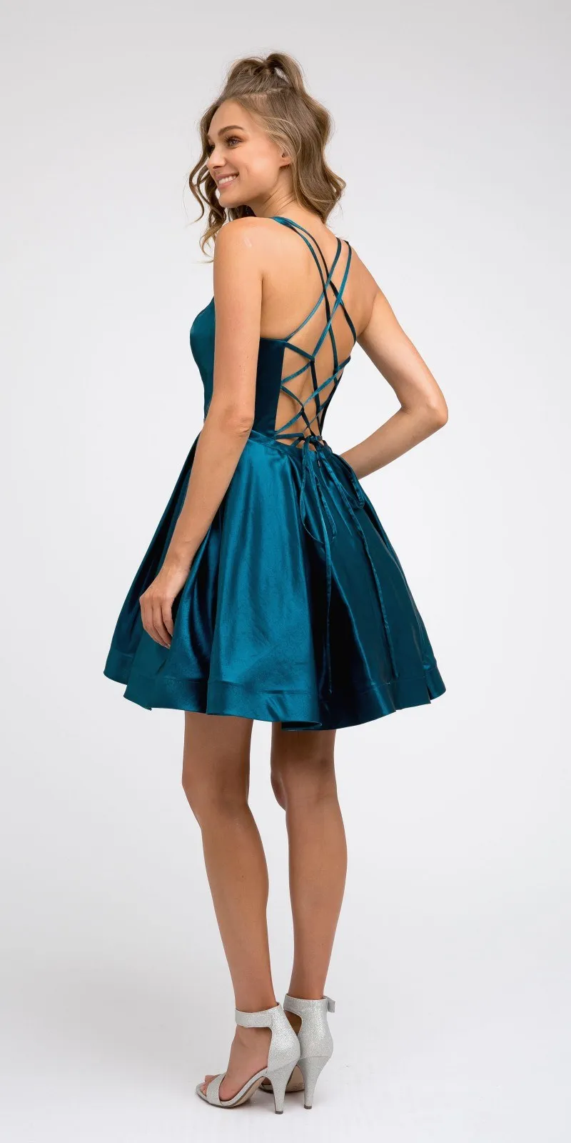 CLEARANCE - Juliet 852 Caged-Back Homecoming Short Dress with Pockets (Size Small)