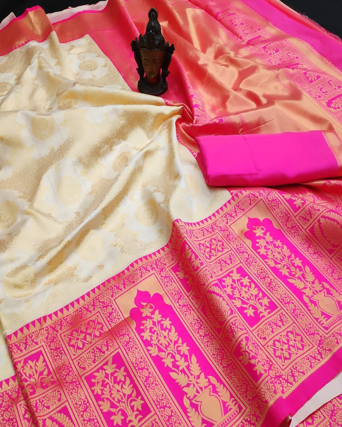 Closet mix Off-white and Pink Zari Border Saree With Blouse