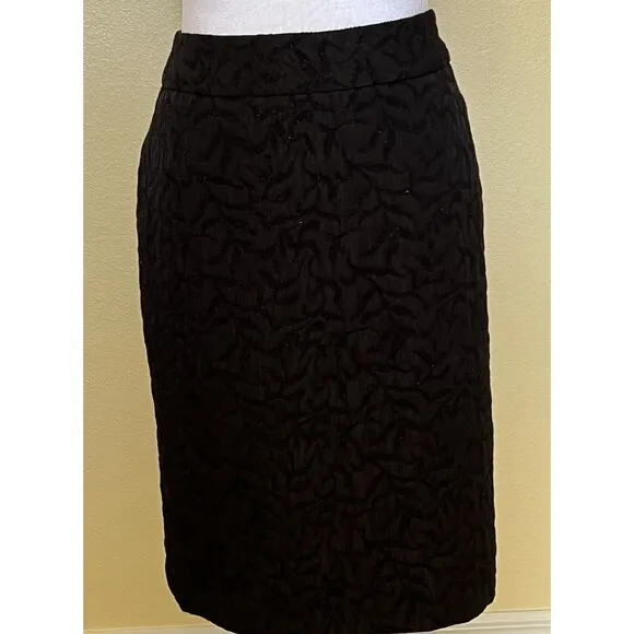 Coldwater Creek Black Lustrous Jacquard Shimmer Lined Pencil Skirt Sz 12 Misses