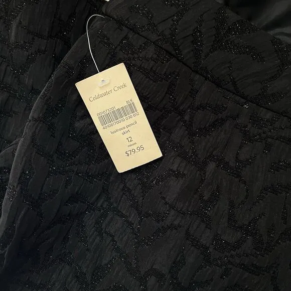 Coldwater Creek Black Lustrous Jacquard Shimmer Lined Pencil Skirt Sz 12 Misses