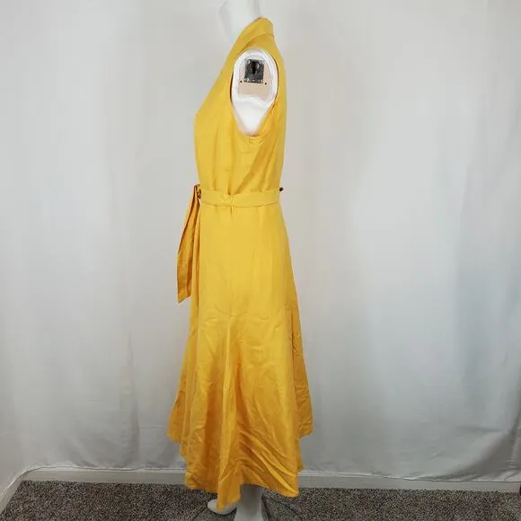 Coldwater Creek Yellow Linen Blend Button Front Fit Flare Dress Womens Size 12