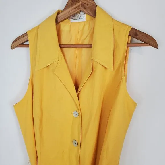 Coldwater Creek Yellow Linen Blend Button Front Fit Flare Dress Womens Size 12