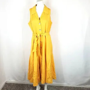 Coldwater Creek Yellow Linen Blend Button Front Fit Flare Dress Womens Size 12