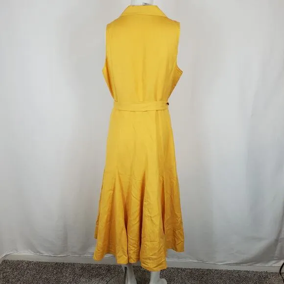 Coldwater Creek Yellow Linen Blend Button Front Fit Flare Dress Womens Size 12