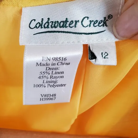 Coldwater Creek Yellow Linen Blend Button Front Fit Flare Dress Womens Size 12