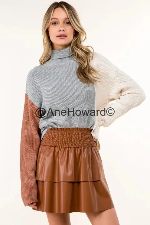 Color Block Cotton Turtleneck Sweater - CAMEL