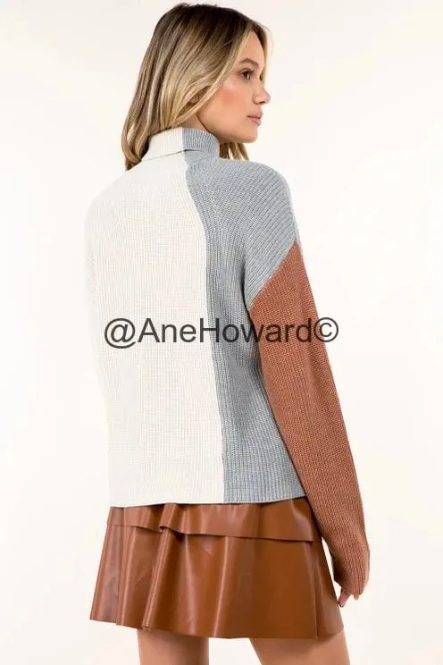 Color Block Cotton Turtleneck Sweater - CAMEL