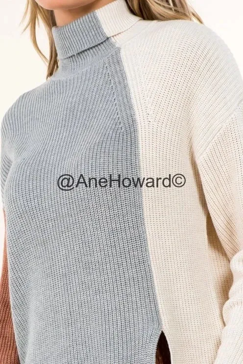 Color Block Cotton Turtleneck Sweater - CAMEL