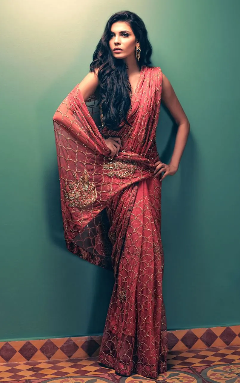 Coral Color Wedding Saree