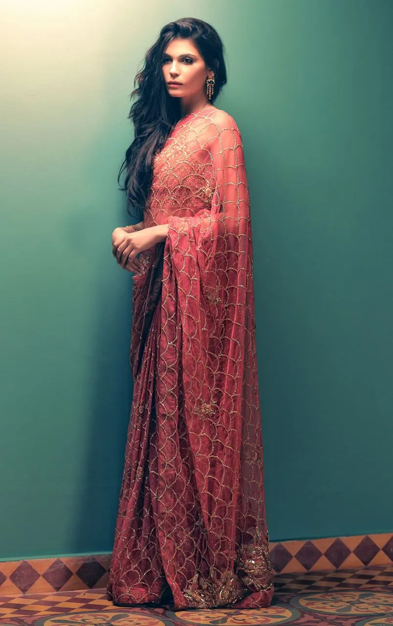 Coral Color Wedding Saree