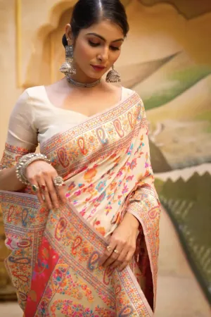 Creamy Off-White Kashmiri Modal Handloom Weaving Saree