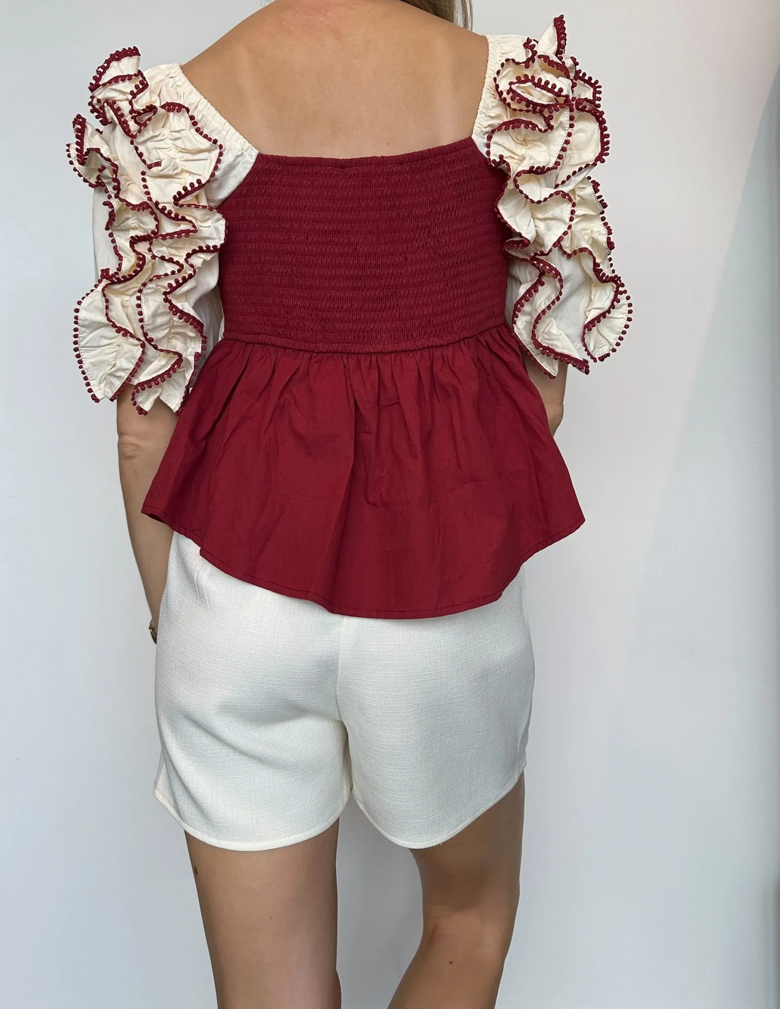 Crimson Ruffle Babydoll Blouse