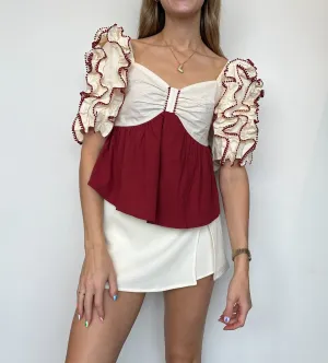 Crimson Ruffle Babydoll Blouse