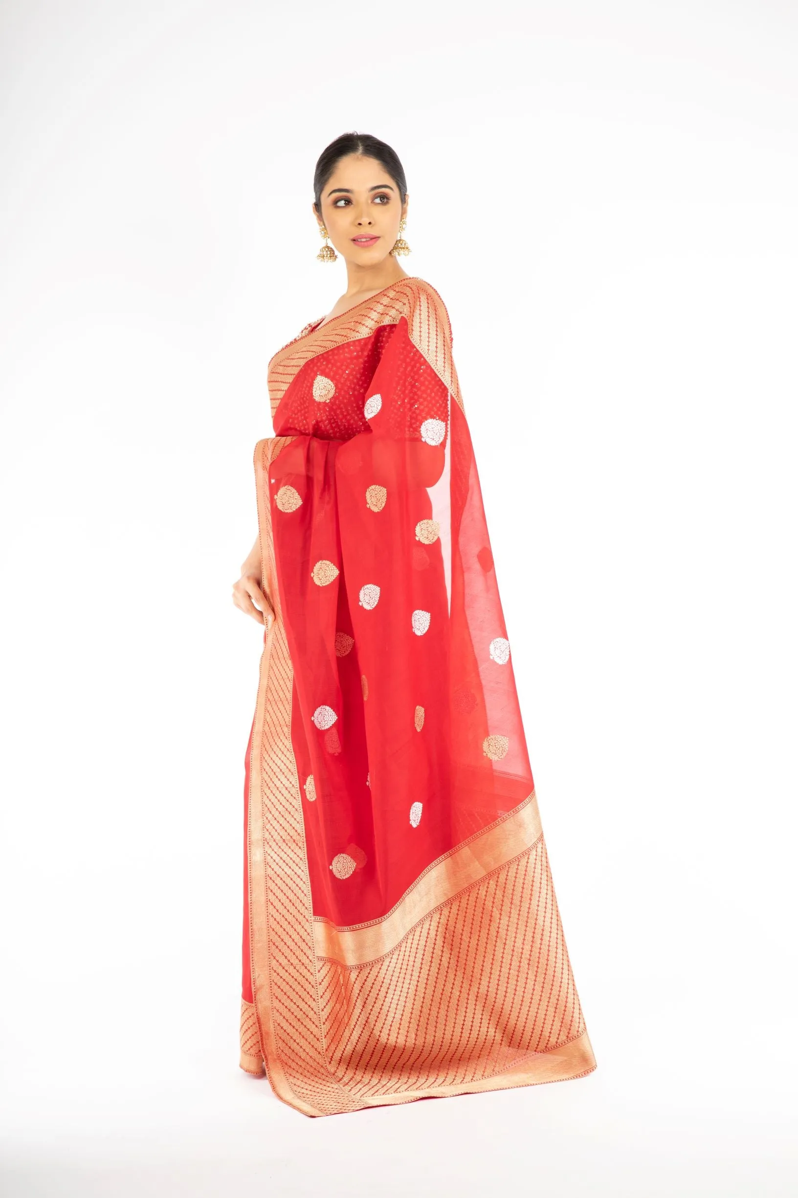 Dazzling Red Color Kora Silk Handloom Banarasi Saree with Sona Rupa Zari