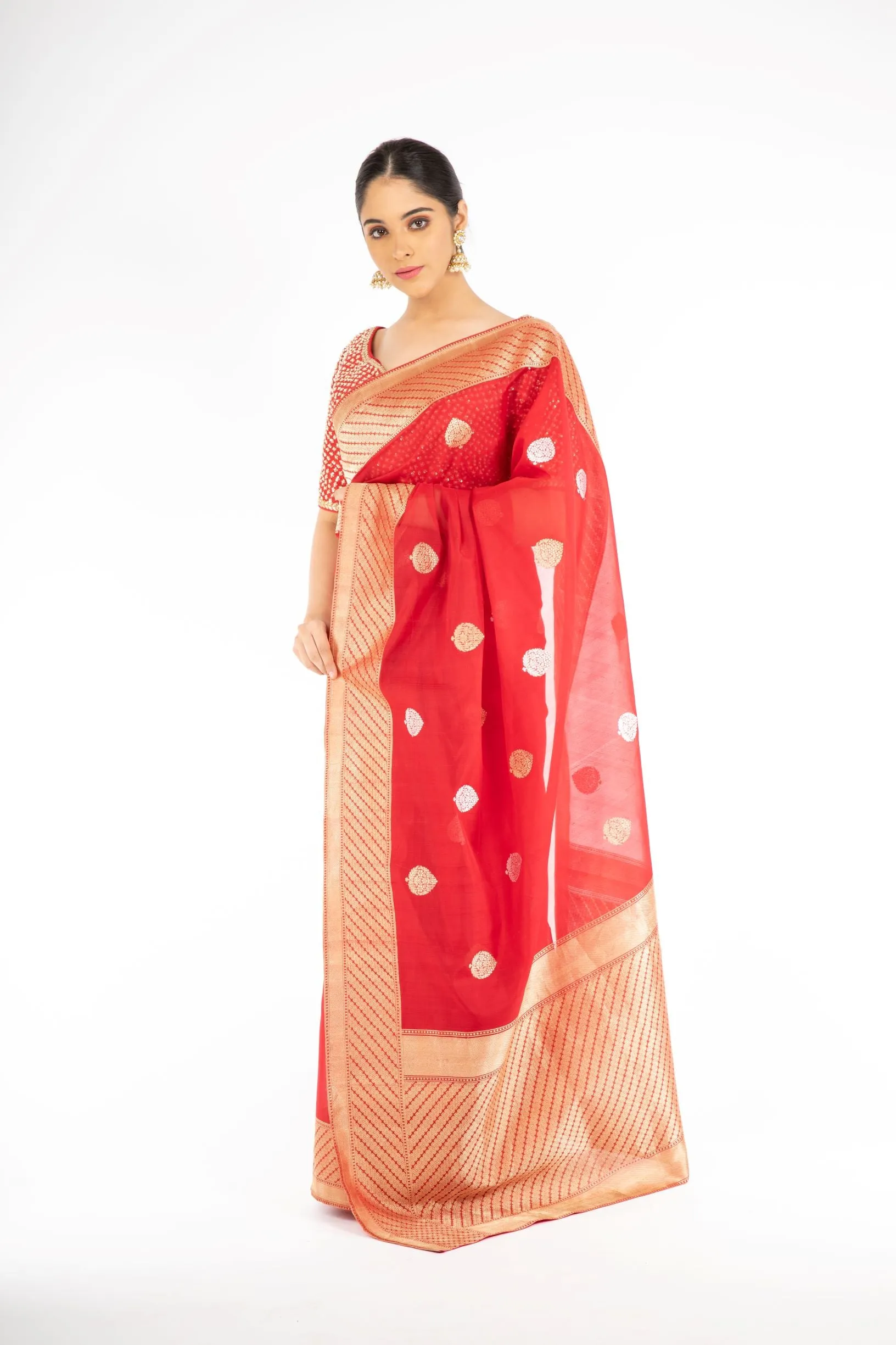Dazzling Red Color Kora Silk Handloom Banarasi Saree with Sona Rupa Zari