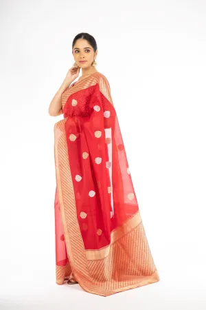 Dazzling Red Color Kora Silk Handloom Banarasi Saree with Sona Rupa Zari