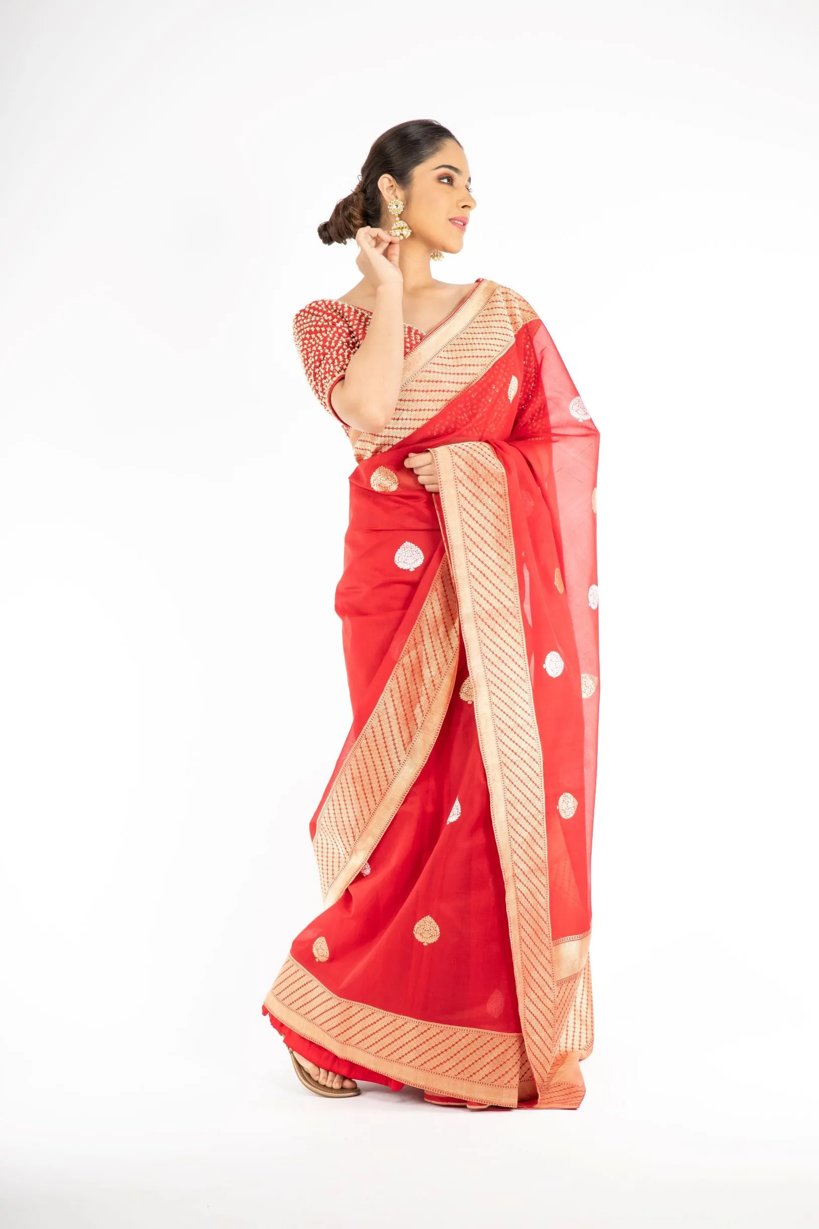 Dazzling Red Color Kora Silk Handloom Banarasi Saree with Sona Rupa Zari