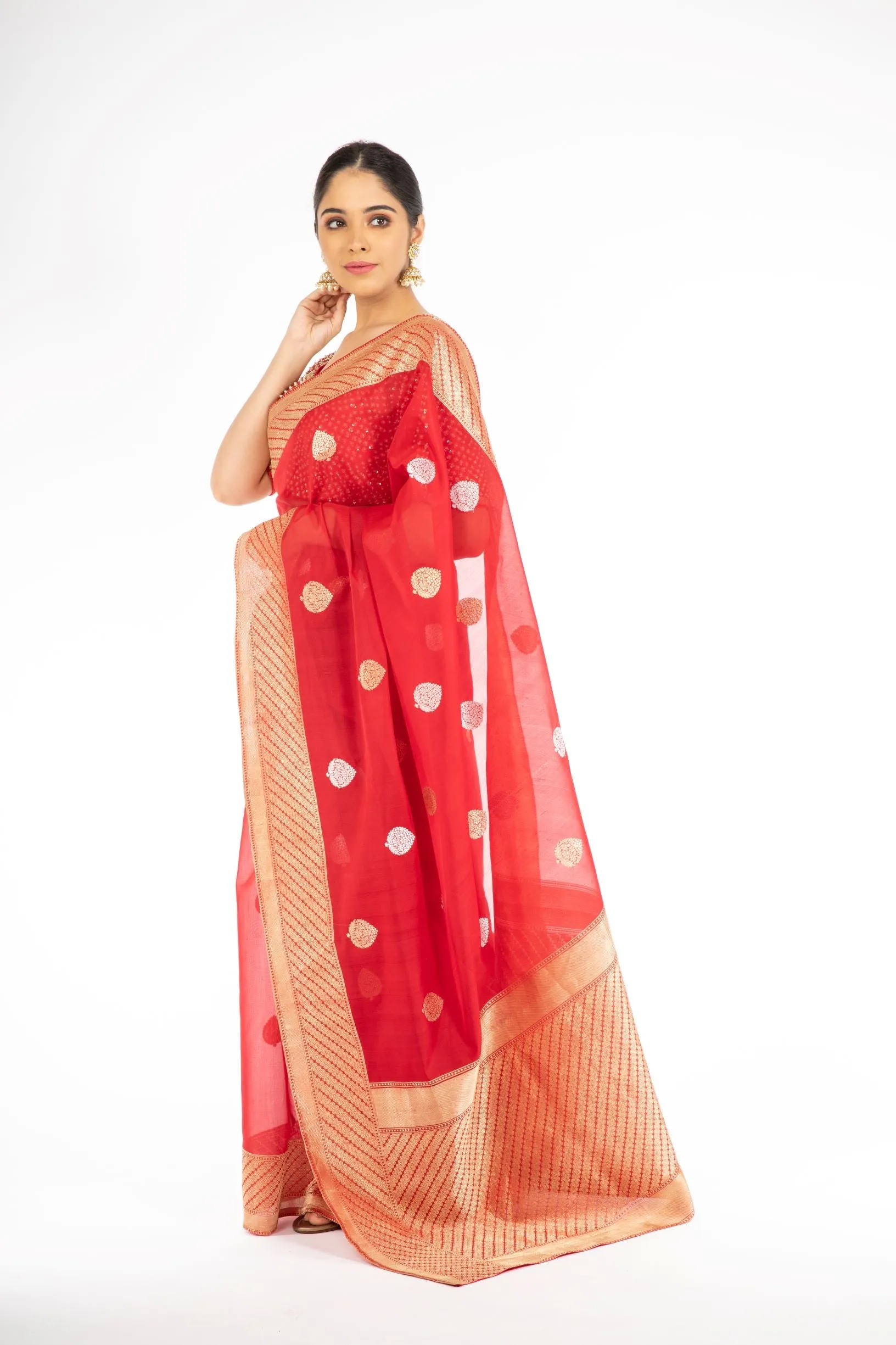 Dazzling Red Color Kora Silk Handloom Banarasi Saree with Sona Rupa Zari