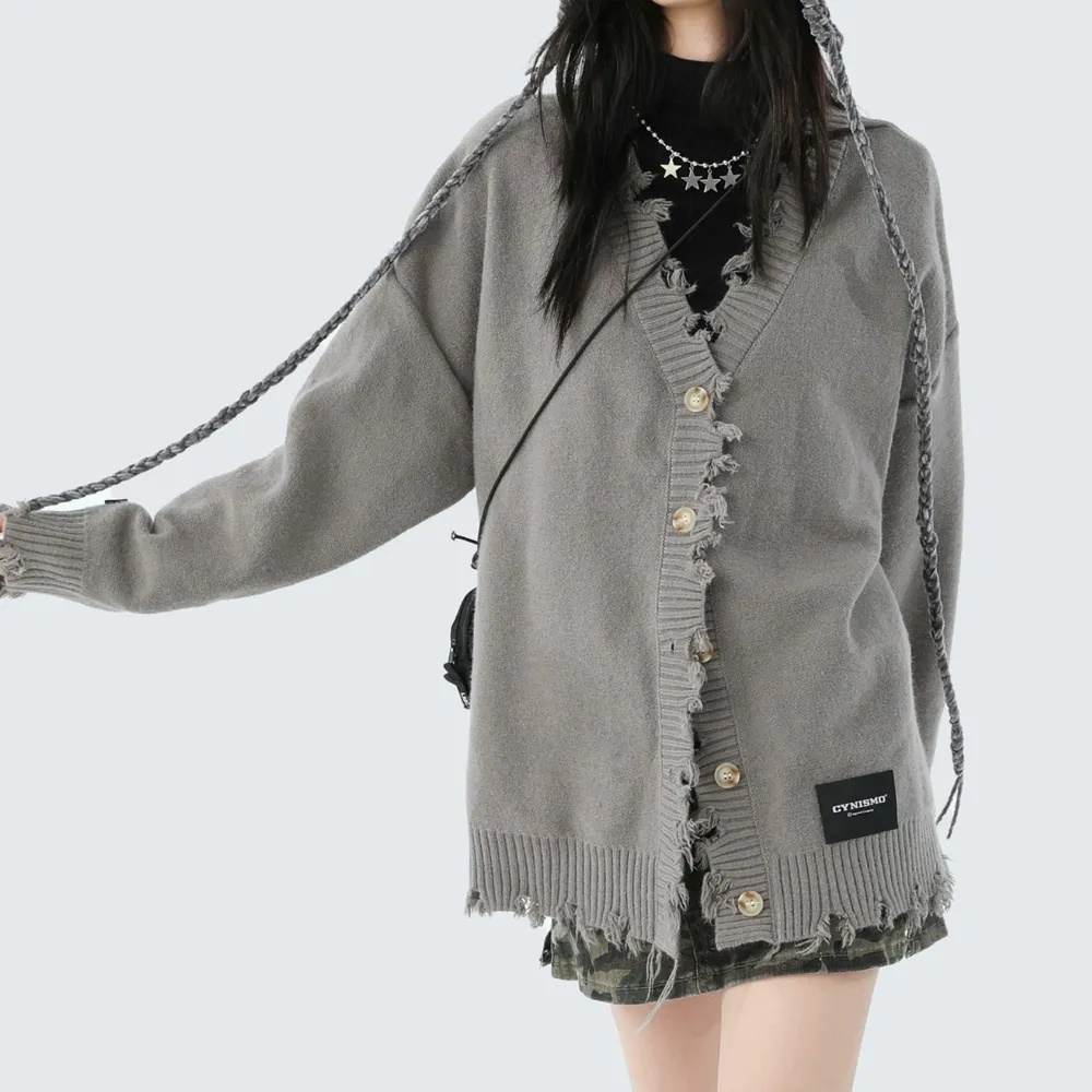 Destructive V-neck Cardigan Sweater