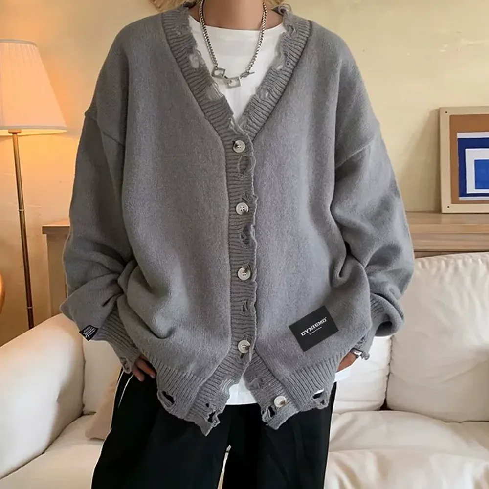 Destructive V-neck Cardigan Sweater